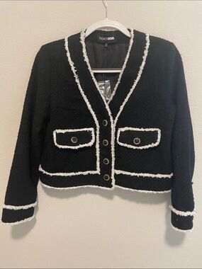Fashion Nova Black Tweed Cropped Blazer with White Fringe Trim